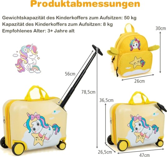 2-delt barnekoffert + ryggsekk 47 cm lang kjørekoffert og 30 cm bred ryggsekk gul enhjørning