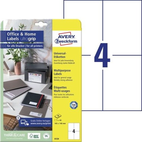 Avery 6124 Hvit Rektangel Permanent 105 X 148 A4 Papir