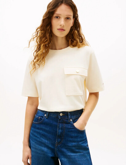 Tommy Hilfiger Gold Button Long Ss Tee   Cream   S