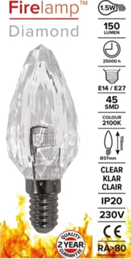 Krystall E14/E27 kronelyspære dimbar 2100K 2W Clear Diameter 37 mm