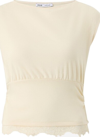 Mango Ruched Lace Top - Beige - L