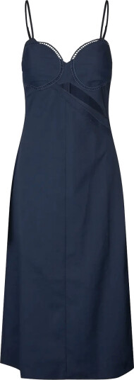 STINE GOYA Embroidered Canvas Strap Eyelet Midi Dress   Navy   XS