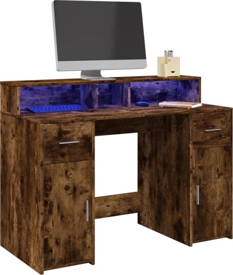 Skrivebord med LED-lys røkt eik 120x55x91 cm konstruert tre