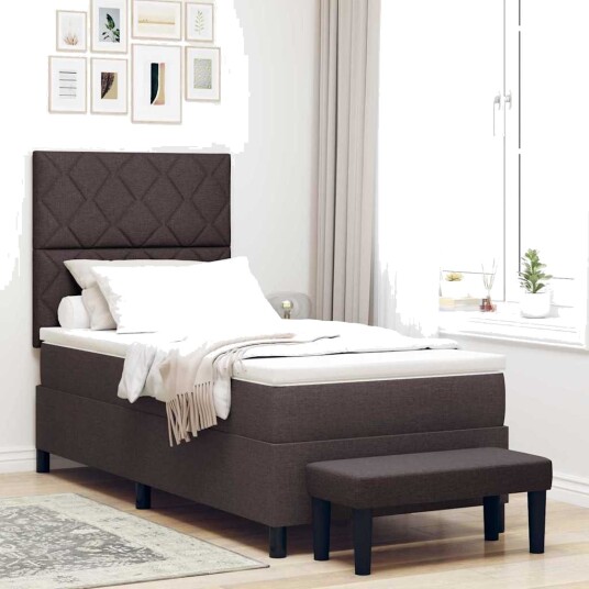 Box Spring Seng med Madrass & Benk Mørk Brun 100x200 cm Stoff