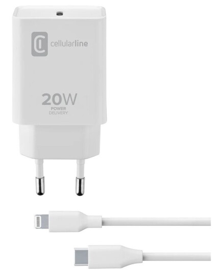 CellularLine 20W Strømadapter m/kabel USB-C til Lightning
