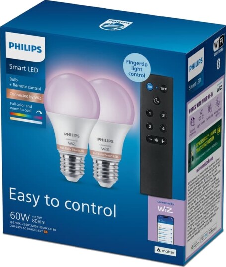 Philips Smart LED WCA E27 60W lyspære 2 pakning + dimmerbryter Philips Smart LED WCA E27 60W lyspære 2 pakning + dimmerbryter