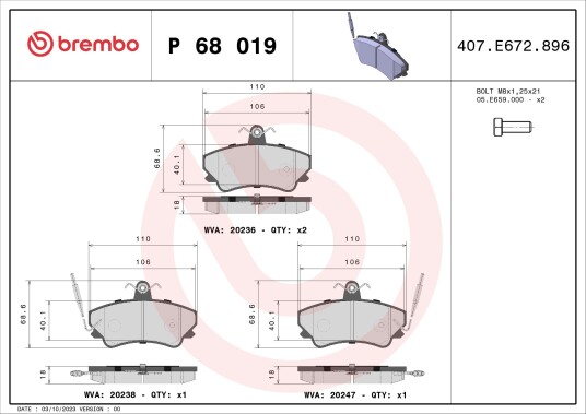 Bremseklosser BREMBO P 68 019 Bremseklosser BREMBO P 68 019