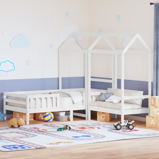  Sett med seng og benk med tak hvit 80x200 cm heltre furu 8721102670763