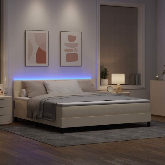Box Spring Seng med Madrass & LED Kremfarget 180x200 cm Stoff 3342231