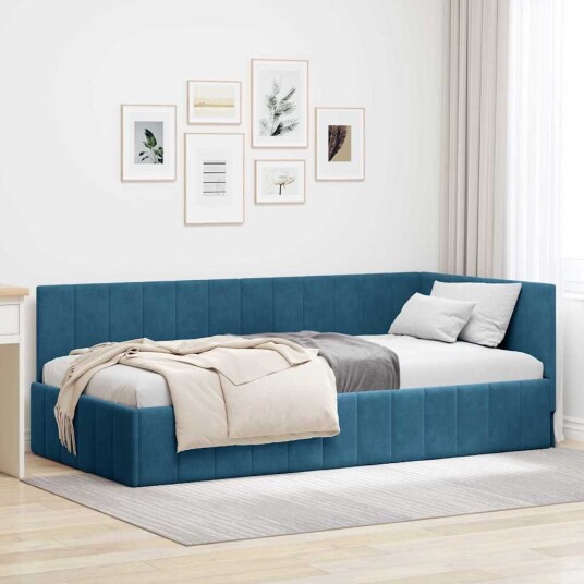 Hjørnesengramme med hodegjerde Blå 90 x 190 cm Fløyel Hjørnesengramme med hodegjerde Blå 90 x 190 cm Fløyel