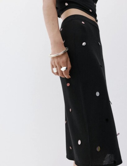 Mango Midi Sequin Knit Skirt Black XS
