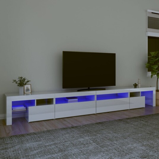TV-benk med LED-lys høyglans hvit 290x36,5x40 cm