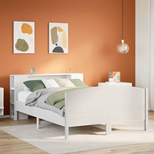 Seng med bokhylle uten madrass hvit 140x190 cm heltre furu 3323072