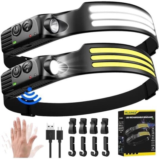 2 stk. LED-hodelykt, 3000 lm, Cree LED med Induksjonskontroll, Temperaturjustering, 4 Moduser for Fotturer og Sykling