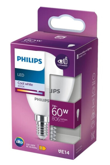 Philips Ice Candle And Chandelier Led-Lyspære Form: P48 Mattslipt Finish E14 7 W Ekvivalent 60 Klasse E Kjølilg Hvitt Lys 4000 K Philips Ice Candle And Chandelier Led-Lyspære Form: P48 Mattslipt Finish E14 7 W Ekvivalent 60 Klasse E Kjølilg Hvitt Lys 4000 K