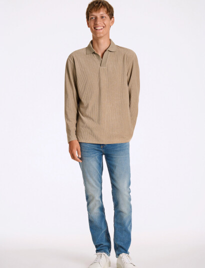 Lindbergh V-Neck Jacquard Polo L/S - Beige - L