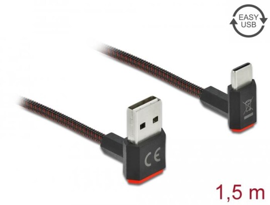 DELOCK EASY-USB 2.0 Cable Type-A male to USB Type-Câ„¢ male angled up / down 1.5 m black
