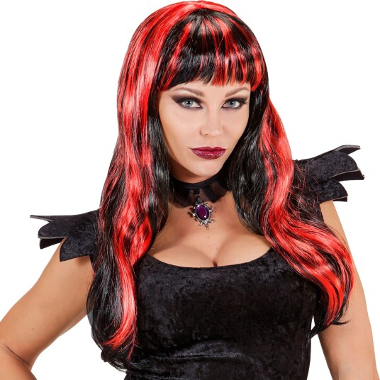 Widmann Lang Svart Rød Halloween Parykk One size 93321