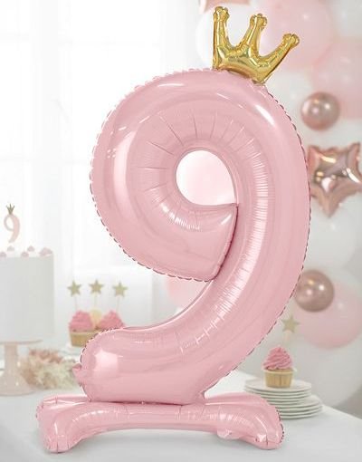 Lys Rosa Stående "9" Folieballong med Krone 84 cm