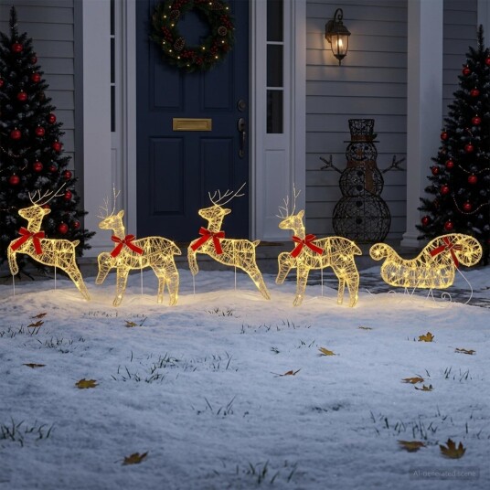 vidaXL Julereinsdyr med slede 5 stk. 100 LED-lys Varmhvit