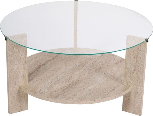 Sofabord Clara 75 cm med Glassplate - Travertin / Transparent