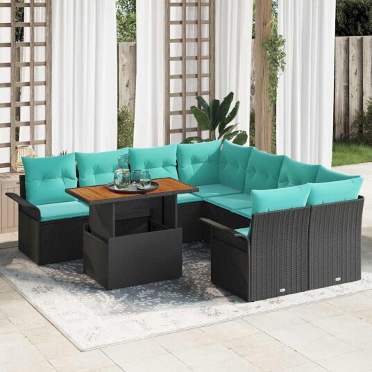 vidaXL Hagesofa Set med pute 9 pcs Svart og Blå polyrotting