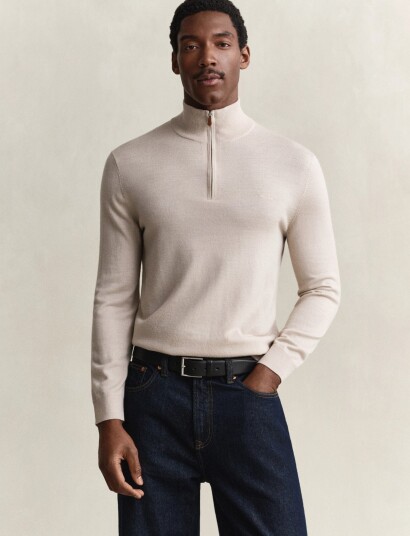Gant Extrafine Merino Wool Half Zip Beige M