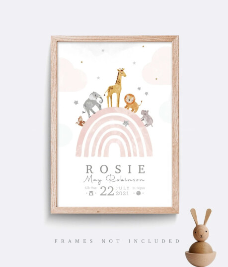Plakat Fødselsplakat Ville dyr og regnbue / Personlig