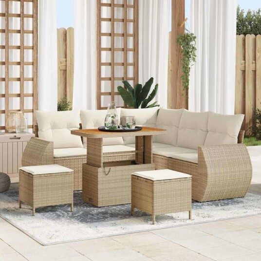 Hagesofa med Puter i Beige Poly Rattan 8 Deler