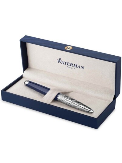 Waterman Carene Fountain Pen | Metal & Blue Lacquer | Chiselled Cap | 18K Gold Fine Nib | Blue Ink | Gift Box Waterman Carene Fountain Pen | Metal & Blue Lacquer | Chiselled Cap | 18K Gold Fine Nib | Blue Ink | Gift Box