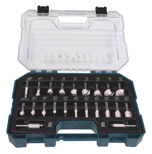 Makita D-74778 Fresestålsett for Tre med 22 Deler - V-Groove, Dovetail, Beading