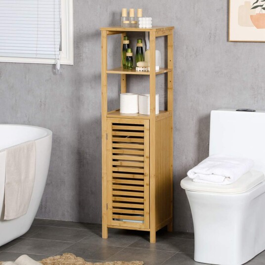 Høydejusterbart baderomsskap baderomsskap av bambus baderomsmøbel med skap to åpne hyller til bad ca 33 x 30 x 120 cm natur Høydejusterbart baderomsskap baderomsskap av bambus baderomsmøbel med skap to åpne hyller til bad ca 33 x 30 x 120 cm natur