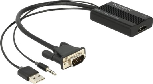 Delock Adapter For Strøm/Lyd/Video Hd 15 Vga Mini Phone Stereo 3.5 Mm Usb Kun Strøm Hann Til Hdmi Hunn 25 Cm Svart Tommelskruer Aktiv Usb Strøm + Lyd 1080P Støtte 60 Hz