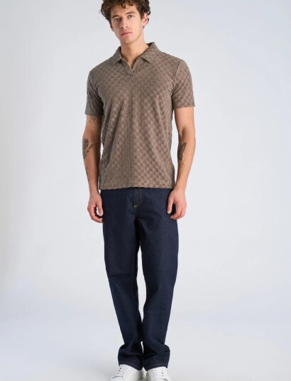 Lindbergh Checkered Towel V Neck Polo S/S Brown L Lindbergh Checkered Towel V Neck Polo S/S Brown L