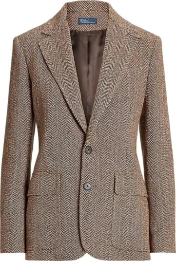 Ralph Lauren Herringbone Linen Blend Blazer Brown/cream Herringbone