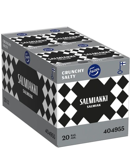 20 stk Fazer Salmiakki Cruncy Salty   Pastilleske med Knasende Salte Salmiakk/Lakris Pastiller   Hel Eske