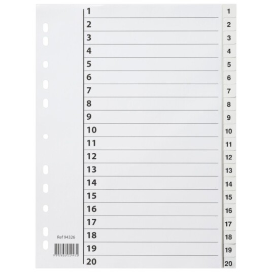 Register i plast A4 1-20 vit, 10 st