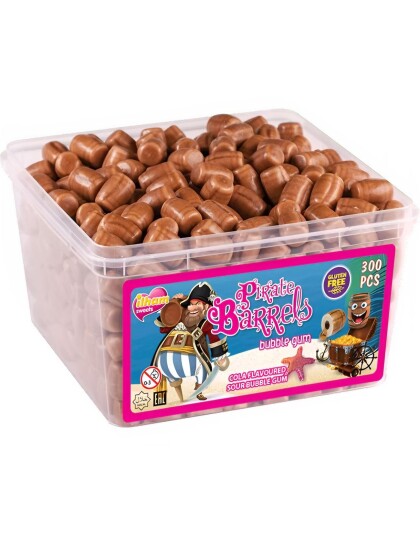 1,5 kg Ilham Pirate Barrels Bubblegum   Sur Tønneformet Tyggegummi med Colasmak og Fyll