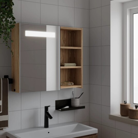 vidaXL Baderomsspeilskap med LED-lys eik 60x13x52 cm vidaXL Baderomsspeilskap med LED-lys eik 60x13x52 cm