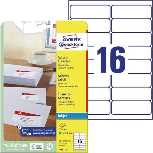 Avery Hvit 99.1 X 33.9 Mm 400 EtikettEr 25 Ark X 16 Adresselapper