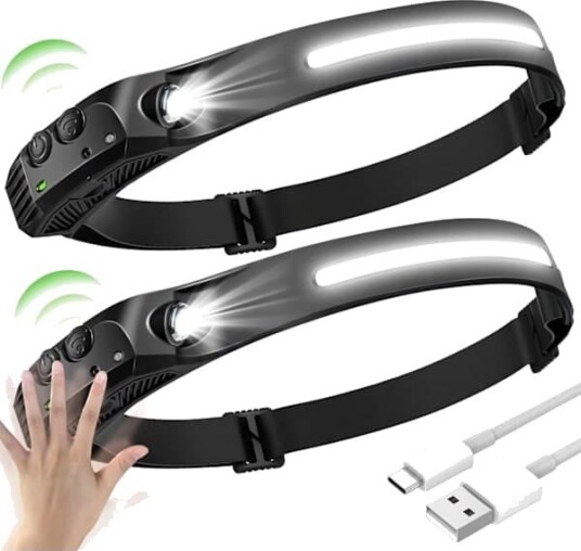 2 stk.. Oppladbar LED-hodelykt med USB-kabel, 230° bred stråle for camping, fiske, løping, sykling