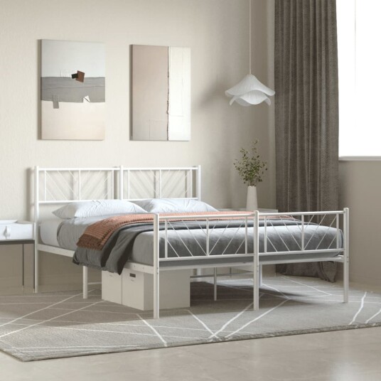 vidaXL Sengeramme i metall med hode- og fotgavl hvit 150x200 cm 8721012190276