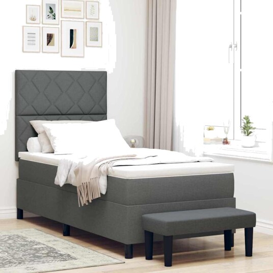 Box Spring Seng med Madrass & Benk Mørkegrå 90x190 cm Stoff