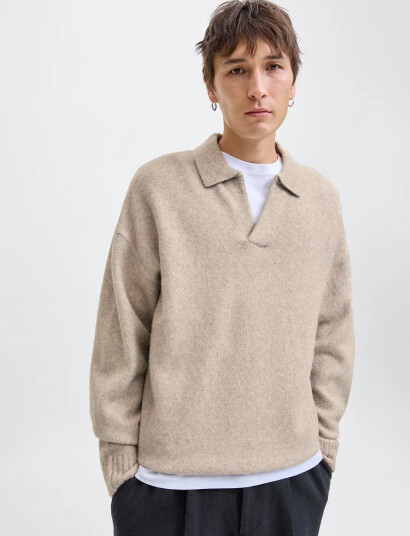 Jack & Jones Jjsoho Ollie Knit Split Neck Ln - Beige - S
