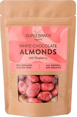 Guru Snack Mandler m. hvit sjokolade & bringebær Økologisk 100 g Guru Snack Mandler m. hvit sjokolade & bringebær Økologisk 100 g