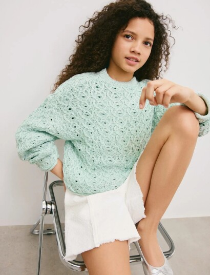 Mango Openwork Lurex Knit Sweater Green 9 10
