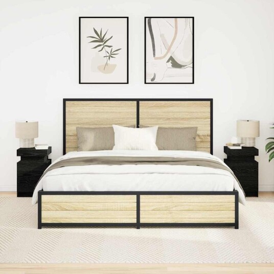  Nattbord med LED lys 2 stk Svart Eik 35x39x55 cm