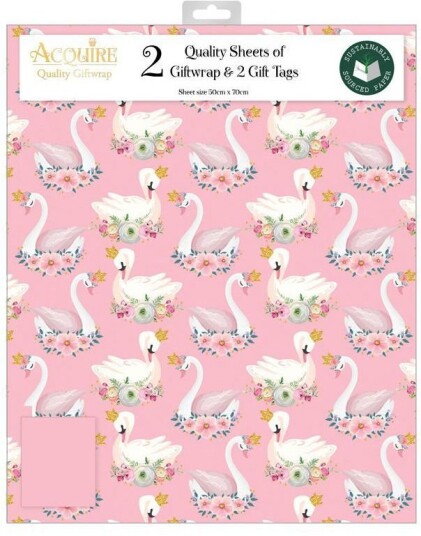 2 stk Svane Rosa Gavepapir med 2 stk Navnelapper 50x70cm