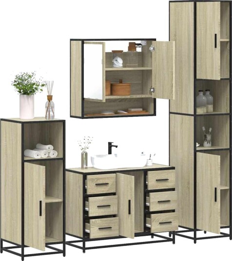 Vidaxl Baderomsskapsett 4 deler sonoma eik konstruert tre 3301231