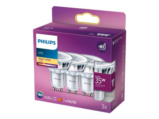 Philips Led-Pære For Søkelys Gu10 3.5 W Ekvivalent 35 Klasse F Varmt Hvitt Lys 2700 K En Pakke 3 Philips Led-Pære For Søkelys Gu10 3.5 W Ekvivalent 35 Klasse F Varmt Hvitt Lys 2700 K En Pakke 3